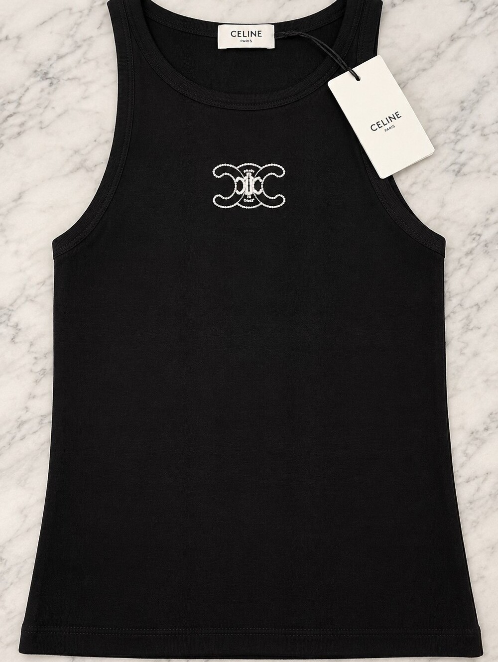 Celine Black Tank Top with White Embroidered Logo